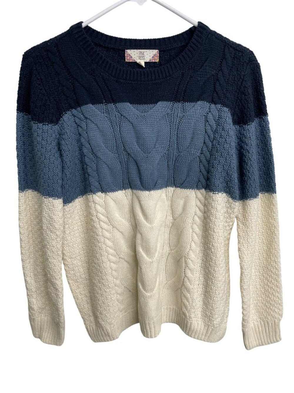 Pink Rose Pullover Sweater Medium Cable Knit Colorblock Blue Ivory Lounge Warm